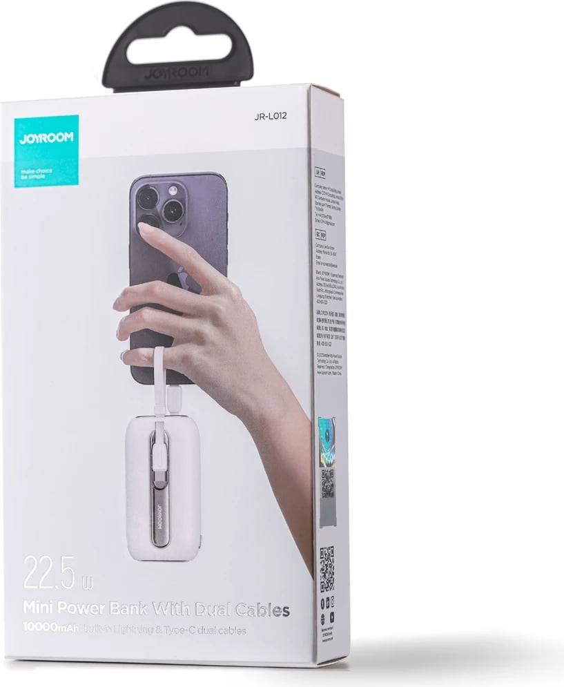 Powerbank Joyroom JR-L012, 10000mAh, 22.5W, me 2 kabllo të integruara USB-C dhe Lightning, Bardhë