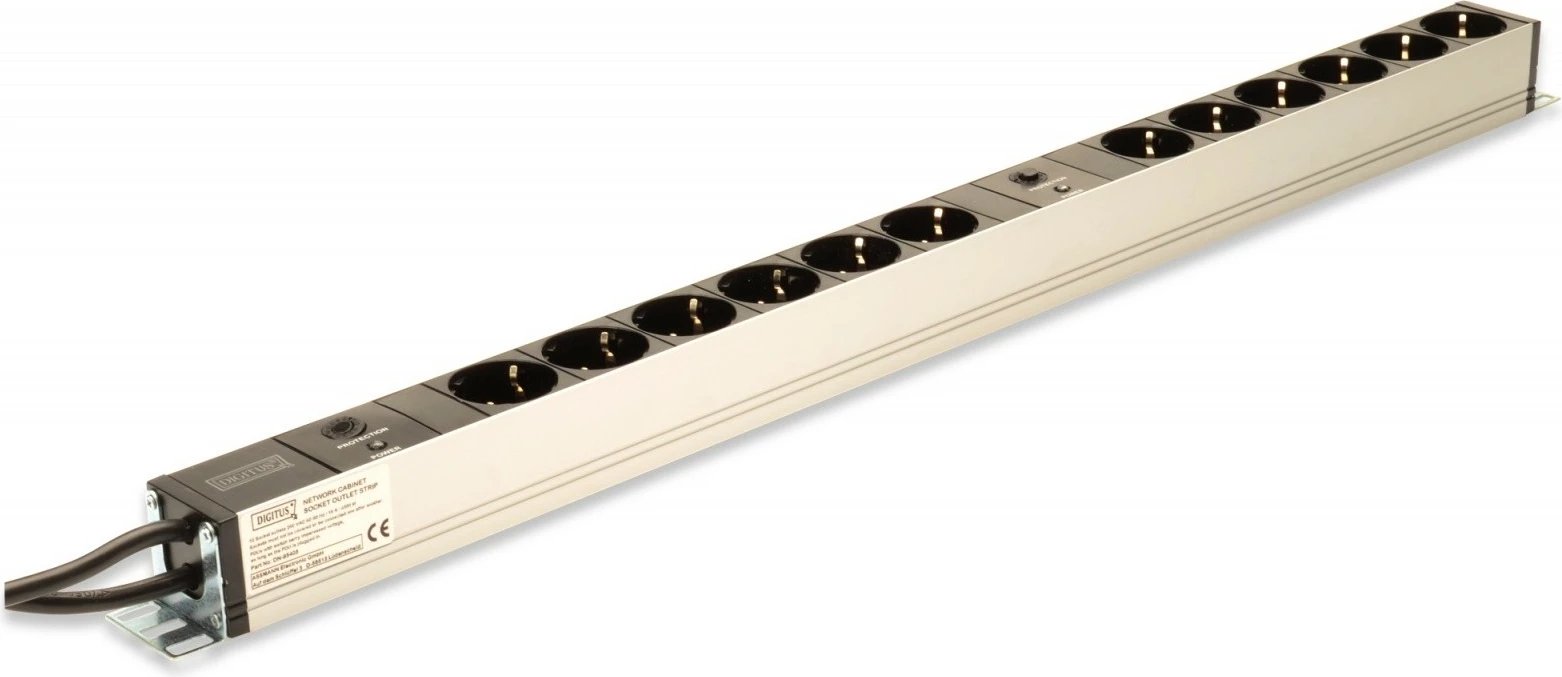 Prizë rack Digitus DN-95405, 12 Schuko, 2x2m kabllo, 1U, mbrojtje mbingarkese, zi/argjendtë