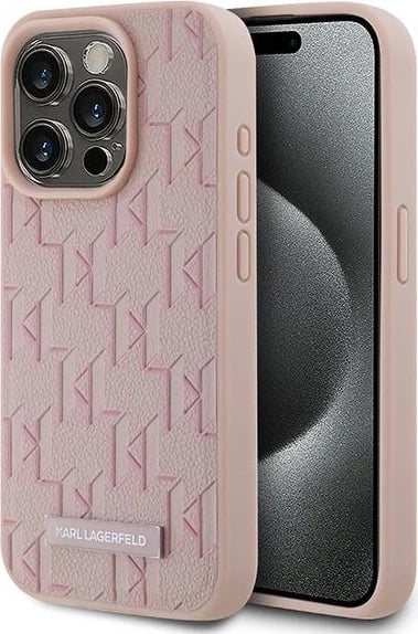 Mbështjellës Karl Lagerfeld Leather Monogram Metal Logo për iPhone 15 Pro Max, Rozë