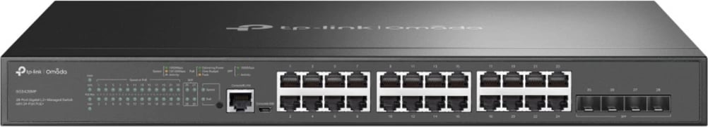 Switch TP-Link TL-SG3428MP menaxhuar, 28 porta (24 RJ45 + 4 SFP), PoE+, rackmount, e zezë