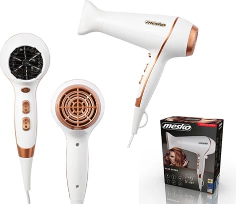 Tharëse flokësh, Adler Mesko, MS 2250, 2100W, 2 shpejtësi, 3 temperatura, Cold Shot, me koncentrator, e bardhë/rozë gold