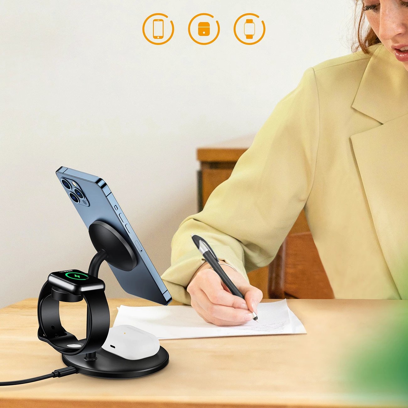 Stacion karikimi wireless 3-në-1 Choetech T585-F për iPhone 12/13/14, AirPods Pro dhe Apple Watch, USB-C, 15W, Zi