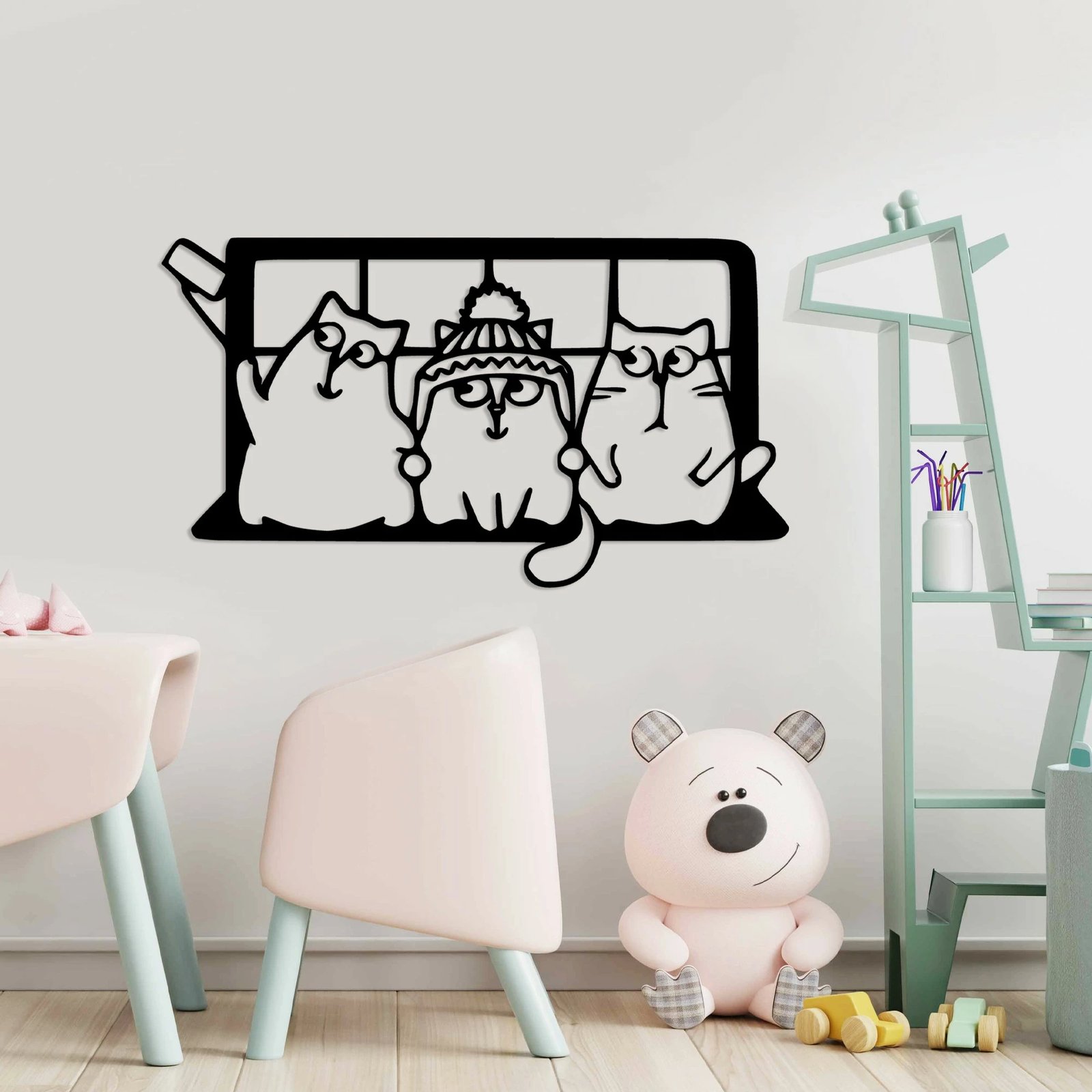 Aksesor dekorativ metalik për mur, mace, Wallity, Cat 7, ngjyrë e zezë, 60x35cm