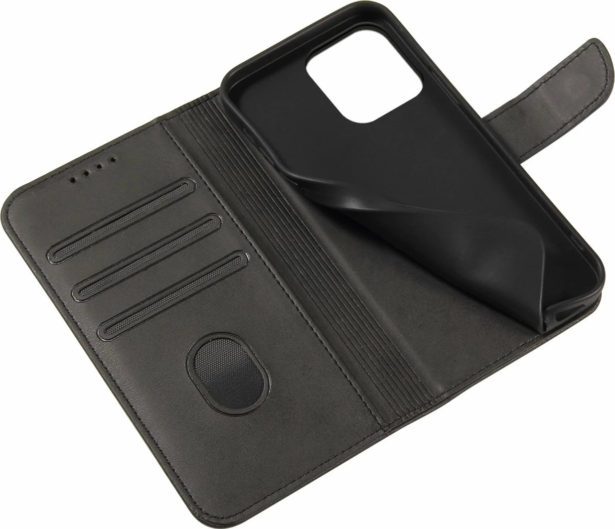 Mbështjellës Hurtel Magnet Case për iPhone 15 Pro, me kapak, portofol dhe stand, e zezë