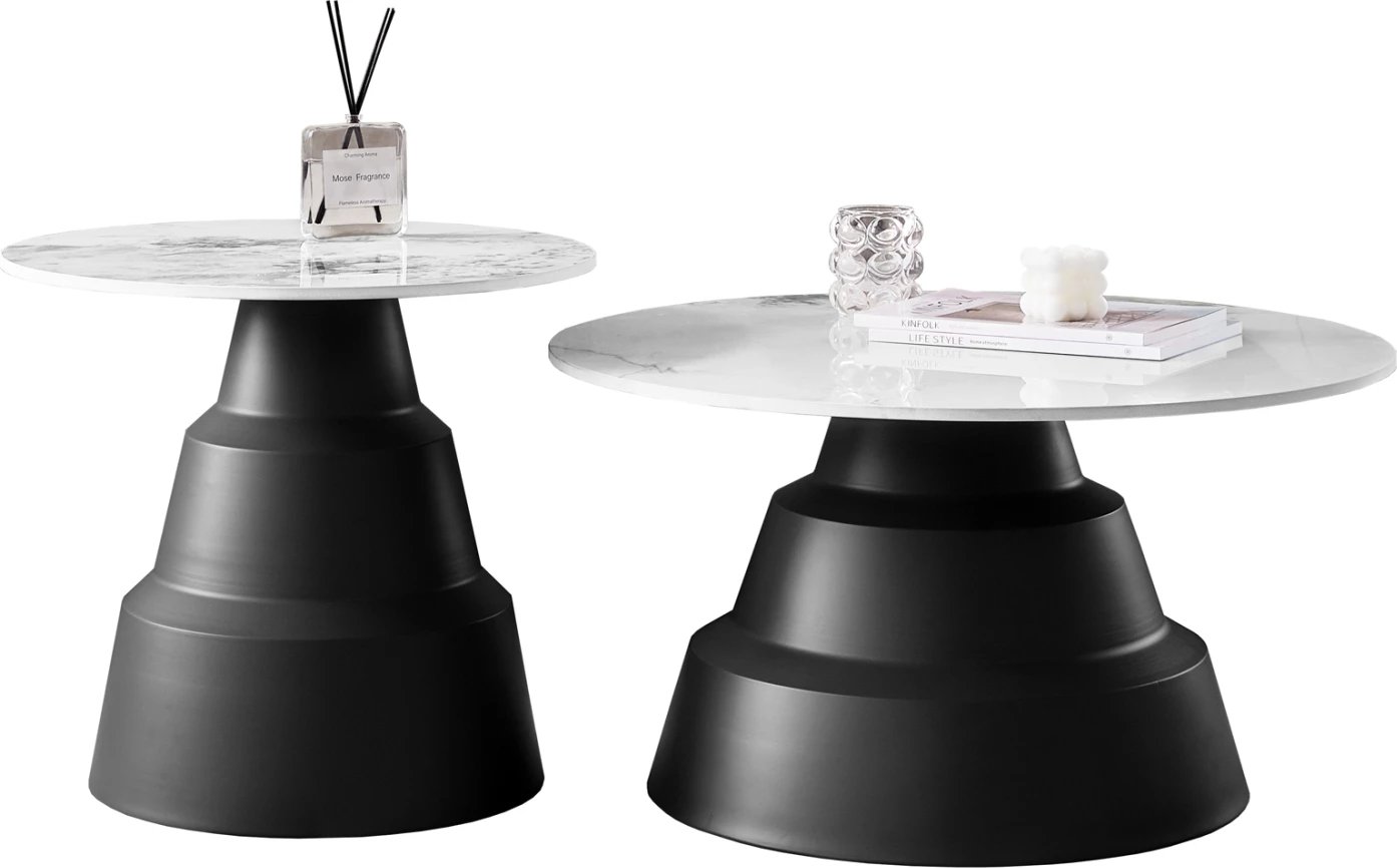 Set 2 tavolina kafeje LIDOX, sipërfaqe prej guri të sinterizuar, ngjyrë e bardhë dëbore, FH18306.02, Φ50cm & Φ70cm