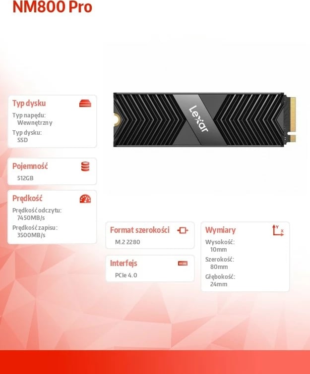 SSD Lexar NM800 Pro 512GB M.2 2280 PCIe 4.0 me radiator, zi