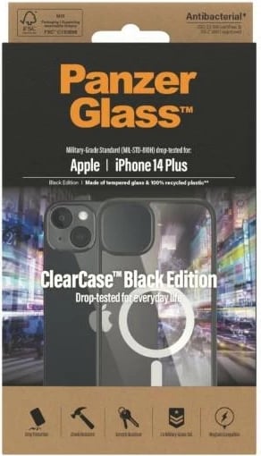 Mbështjellës PanzerGlass ClearCase me MagSafe për iPhone 14 Plus / 15 Plus, transparent dhe zi