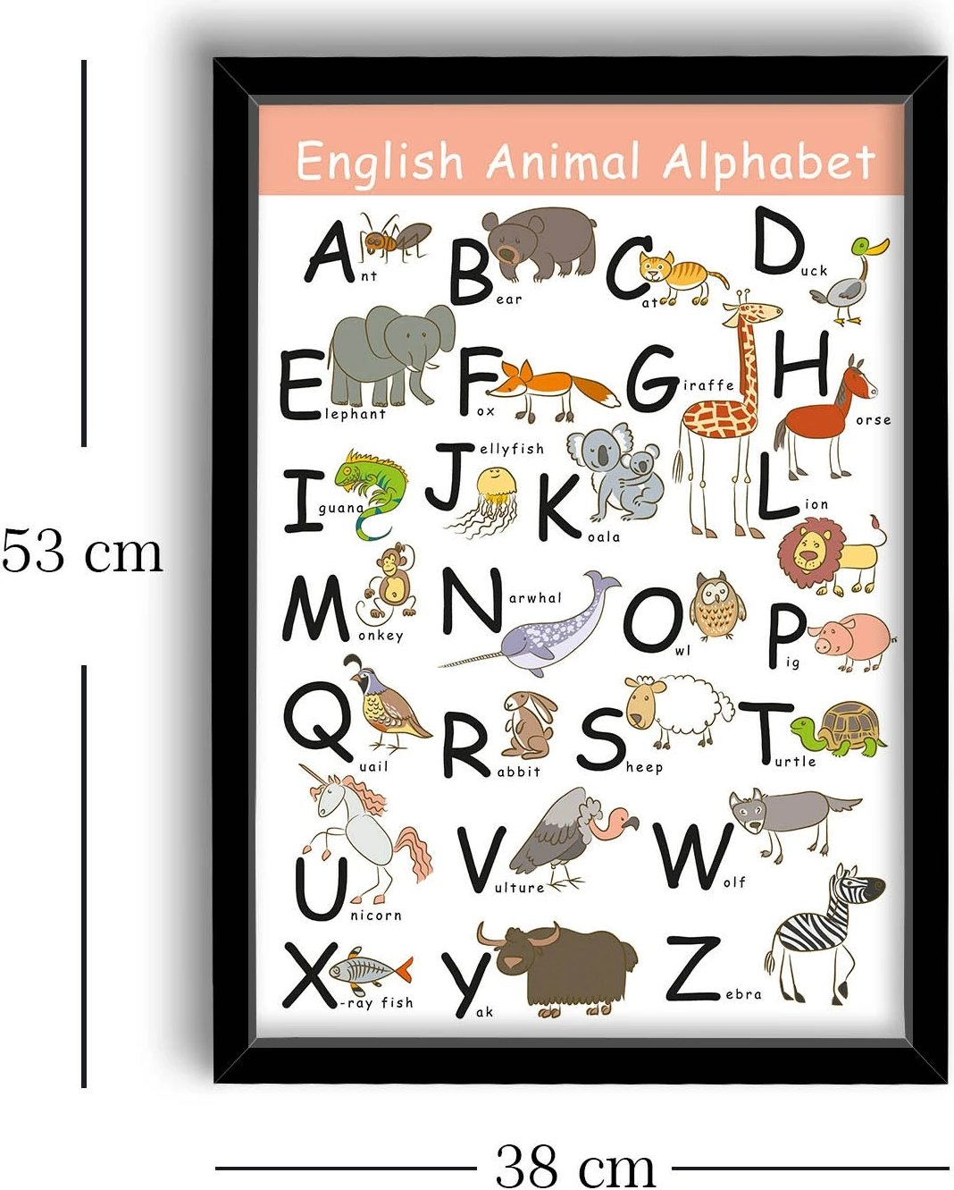 Pikturë dekorative me kornizë MDF, alfabeti i kafshëve në anglisht, shumëngjyrëshe, 38x53cm