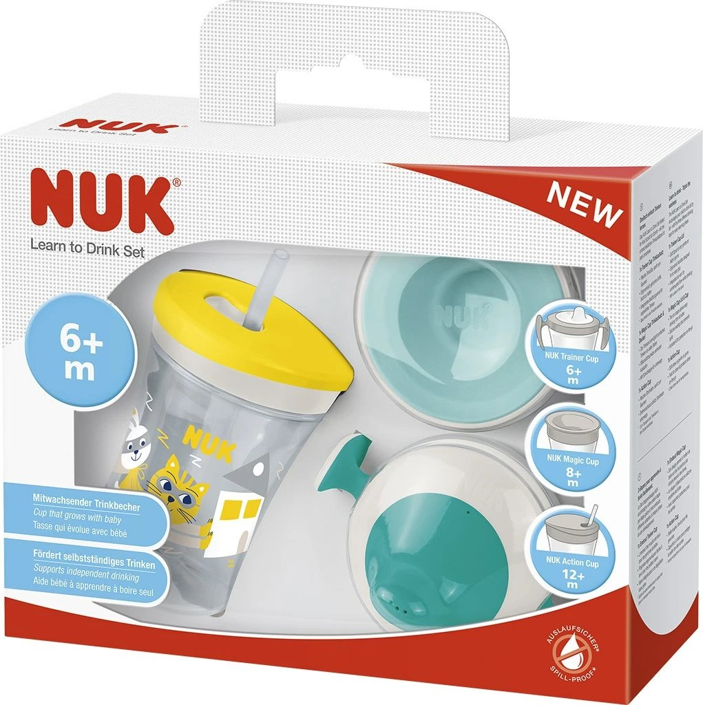 Gotë mësimi për bebe, NUK Learn to Drink Set, 230 ml, BPA-free, jo-pikëse, 6m+, set me 3 kapakë, sipas fotos