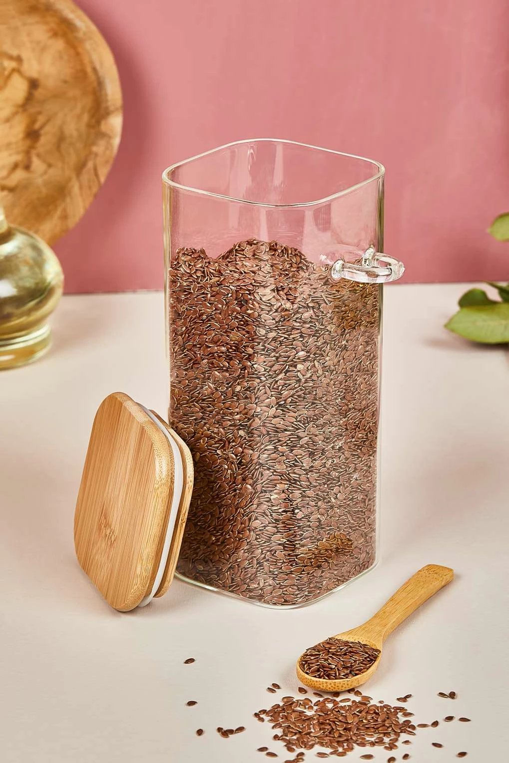 Set kavanozash prej qelqi, 3 copë, kapak bambuje, Hermia, 18cm