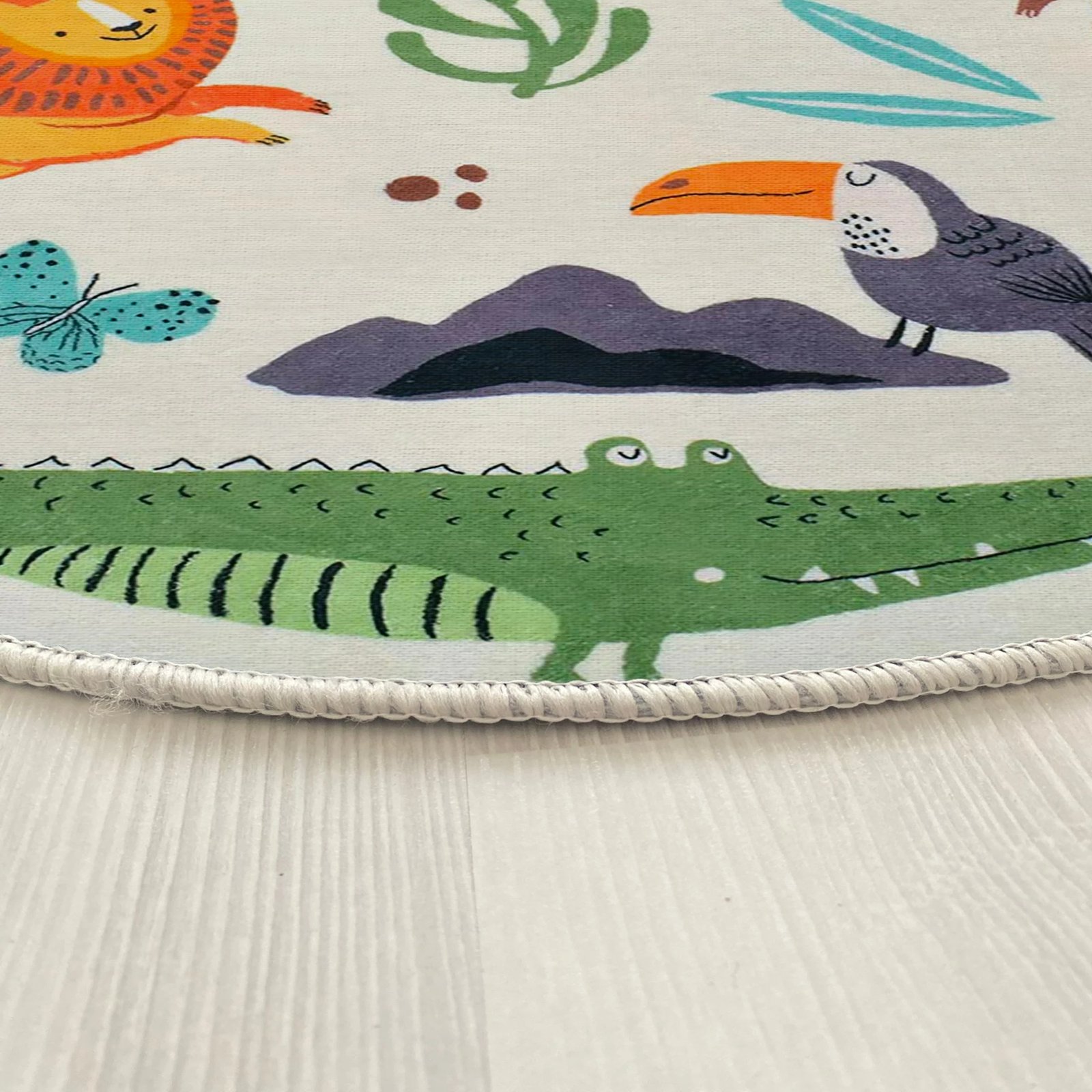 Qilim i rrumbullakët për fëmijë, ngjyrë e bardhë, dizajn me kafshë, Conceptum Hypnose, Woopamuk109, 100x100cm