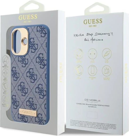 Mbështjellës Guess 4G Logo Plate MagSafe për iPhone 16 Plus, Blu