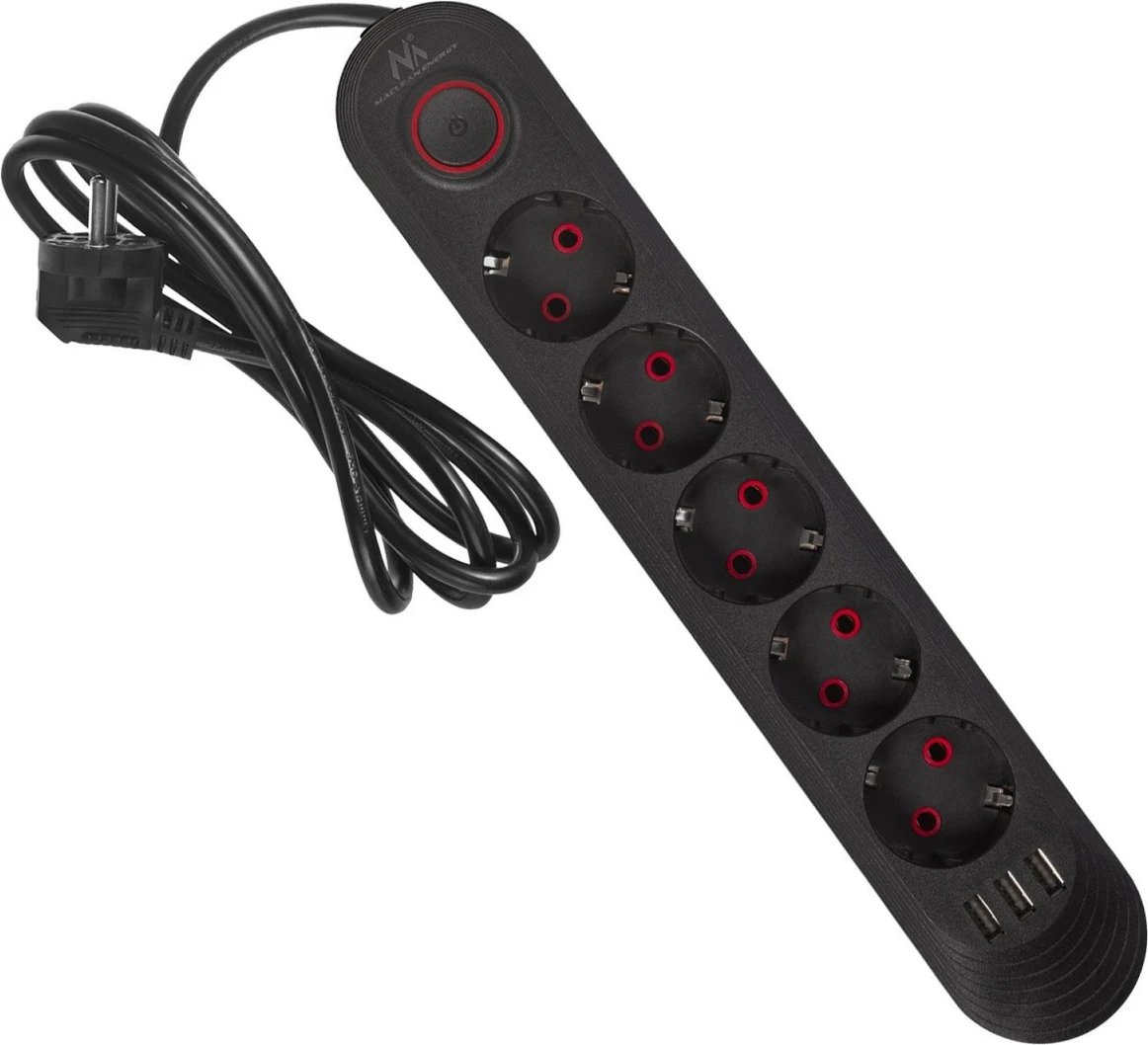 Zgjatues shumëprizash Maclean MCE395 B 5xSchuko 3xUSB 2.1A 2500W 1.5 m, i zi