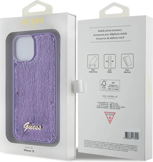 Mbështjellës Guess Sequin Script Metal për iPhone 15, vjollcë Mbështjellës Guess Sequin Script Metal për iPhone 15, vjollcë