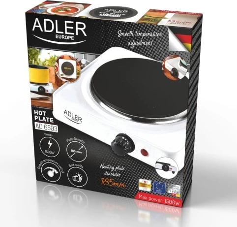 Sobë elektrike me një pllakë, Adler AD 6503, 1500W, pjatë 185 mm, rregullim 5-nivelësh, e bardhë