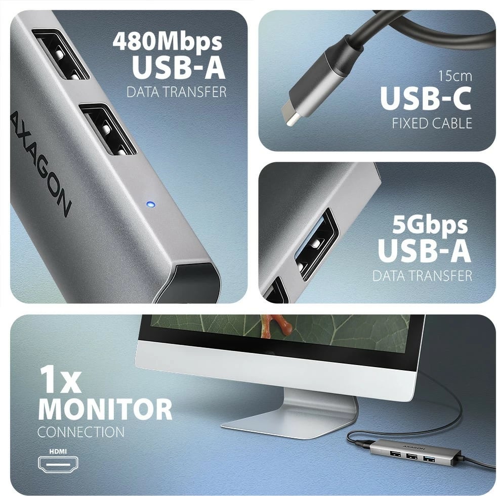 Multiport USB hub AXAGON HMC-H3A 4in1, 5Gbps, 3x USB-A + HDMI 4K, metal, USB-C, Gri