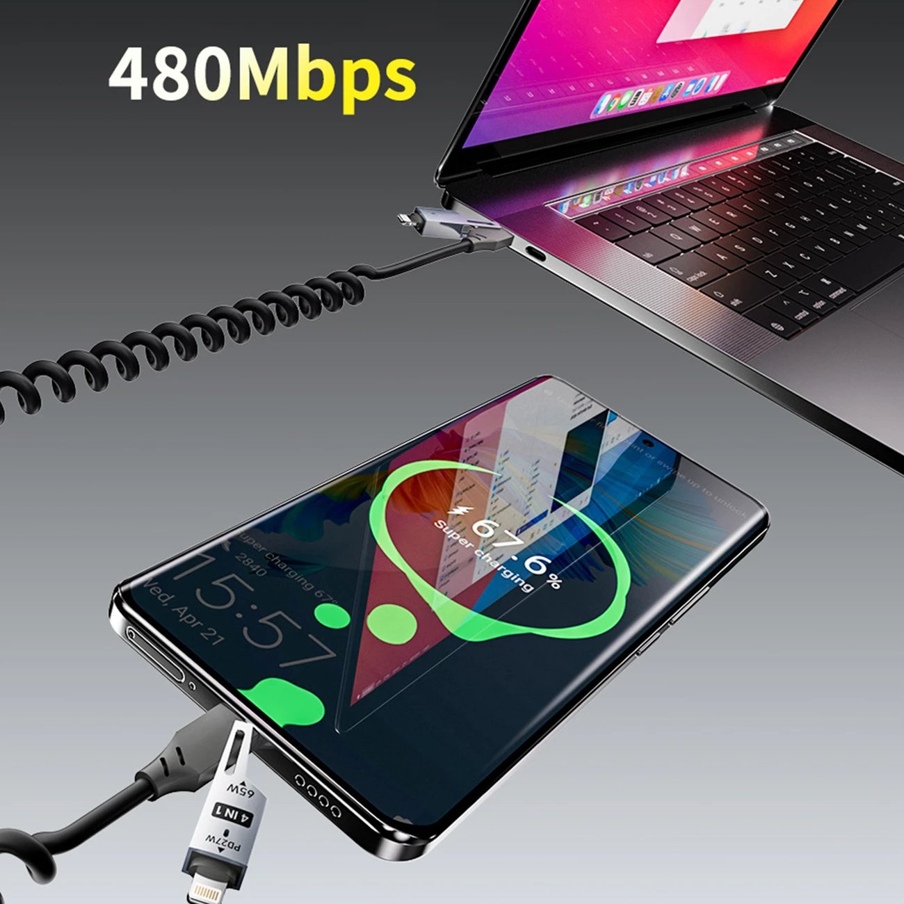 Kabllo 4-në-1 Dudao L20 Pro, 1.5m, 65W, USB-A/USB-C në Lightning/USB-C, e zezë
