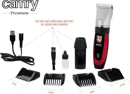 Makinë qethëse për kafshë, Camry CR 2821, motor 35W, koka titan me teh qeramike, USB, me/pa kabllo, 4 krehra 3–12 mm, bateri 1600 mAh, e zezë/argjend, set me bateri shtesë, vaj, furçë dhe kabëll USB Makinë qethëse për kafshë, Camry CR 2821, motor 35W, koka titan me teh qeramike, USB, me/pa kabllo, 4 krehra 3–12 mm, bateri 1600 mAh, e zezë/argjend, set me bateri shtesë, vaj, furçë dhe kabëll USB