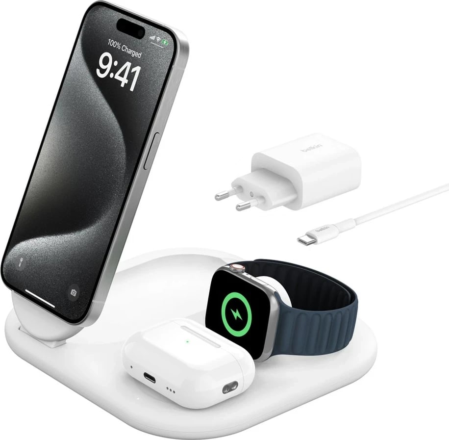 Karikues wireless Belkin BoostCharge WIZ029VFWH, për celular, kufje, smartwatch, 15W, i bardhë