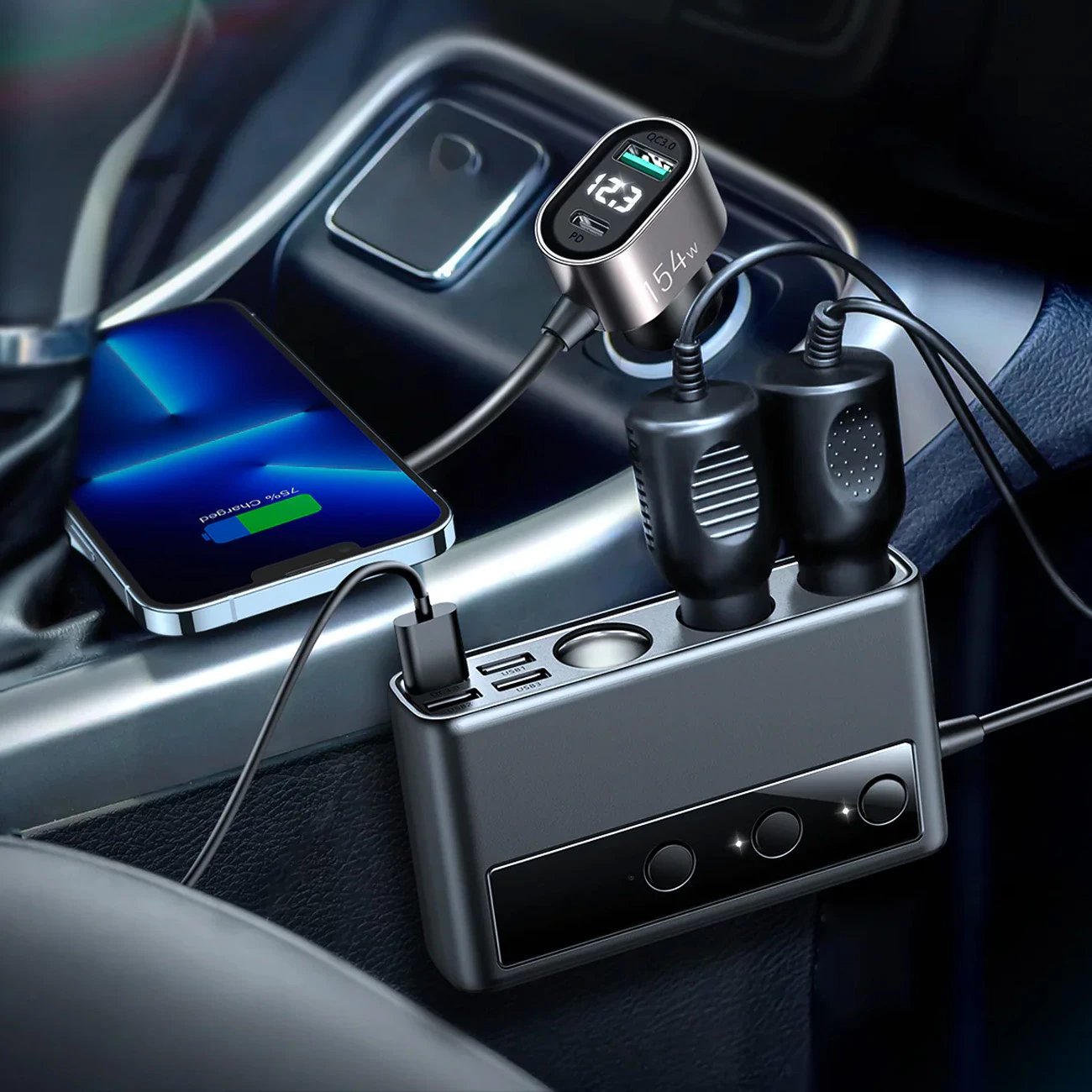 Karikues veture Joyroom JR-CL06, 9 porte, 154W, 5x USB-A/USB-C, 3x dalje çakmaku, e zezë