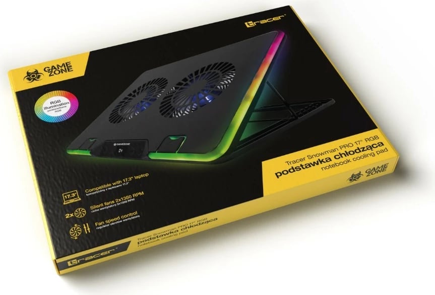 Bazë ftohëse laptopi, Tracer, GameZone Snowman PRO TRASTA47590, për 17.3 inch, 2 ventilatorë 90 mm 1350 RPM, 6 nivele rregullimi, ekran shpejtësie, RGB, 2x USB, e zezë