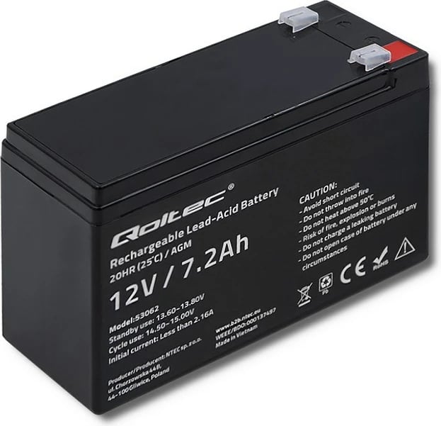 Bateri Qoltec AGM 53062 12V  7.2 Ah |max 108A
