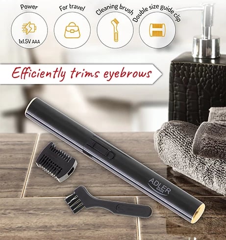 Trimer vetullash, Adler, AD 2934b, teh inoksi, krehër udhëzues 1.5/3.5 mm, trup alumini, 1x AAA, i zi