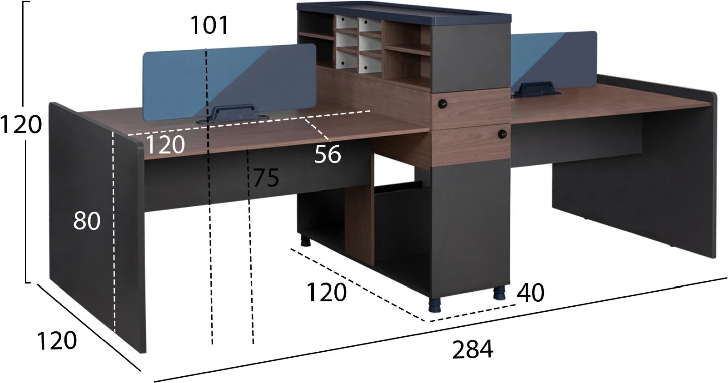 Stacion pune për zyre, dyfish, ngjyrë arre dhe gri me ndarje & kabinete, 284x120x120, FH2102