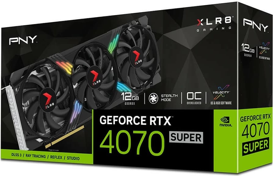 Kartelë grafike PNY GeForce RTX 4070 SUPER 12GB OC XLR8 ARGB TF, e zezë