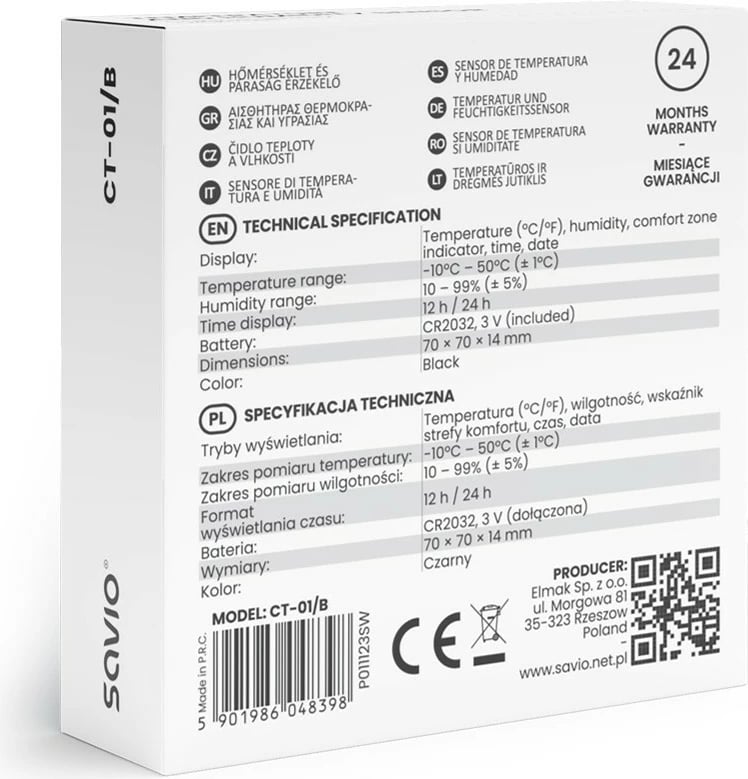 Sensor temperature dhe lagështie Savio CT-01/B, me ekran LCD, orë, datë, magnet, i zi