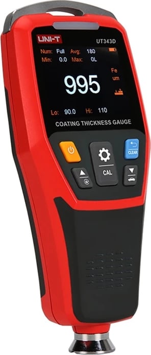 Matës trashësie boje dhe veshjesh, UNI-T UT343D, 0–1250 µm, ekran TFT 2", memorie 500 gr., lidhje USB, me kabllo USB, bateri dhe kuti