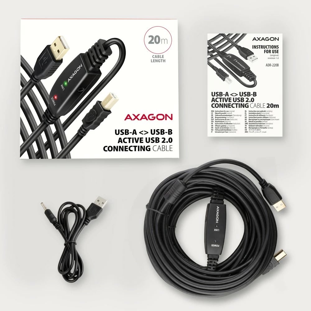 Kabllo aktiv USB 2.0 AXAGON ADR-220B, 20m, për printer, e zezë