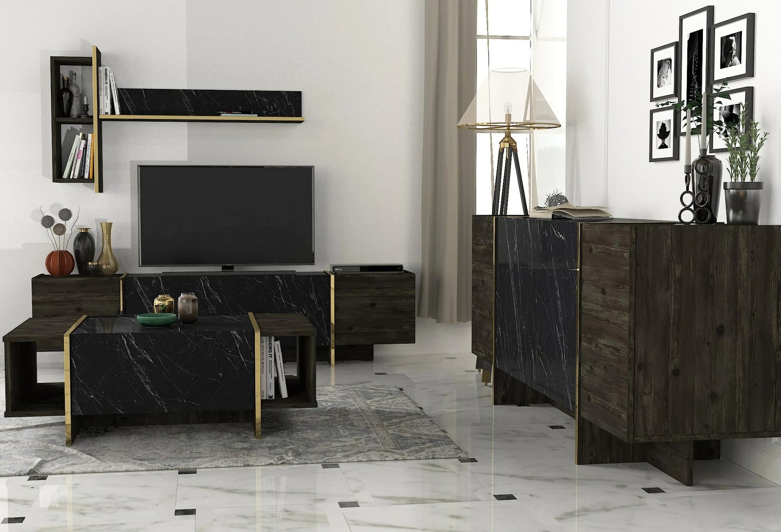 Set mobiljesh për dhomë dite, Skye Decor, Veyron Set 2, ngjyrë e zezë dhe ari