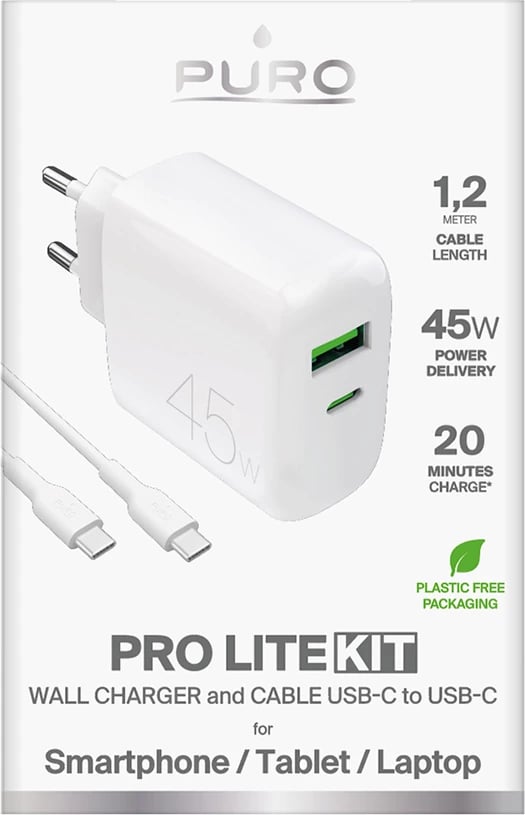 Karikues Puro Daily Prolite 45W me USB-C, USB-A dhe kabllo USB-C, Bardhë