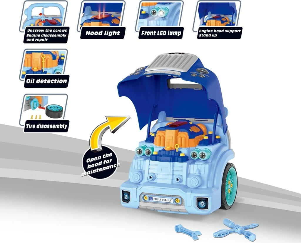 Lodër edukative mekaniku, Milly Mally N-GINE, set 56 pjesë, efekte dritë e zë, STEM 3+, blu