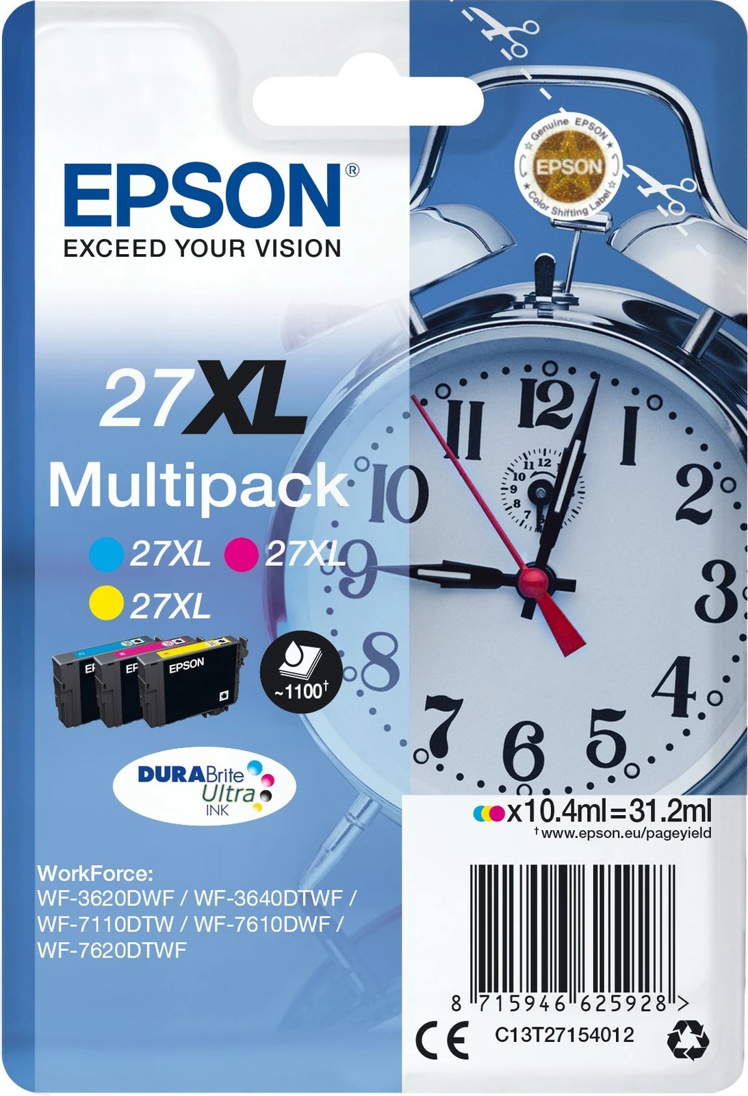 Multipak bojë Epson 27XL, 3 ngjyra, kapacitet i lartë, bojë pigmenti