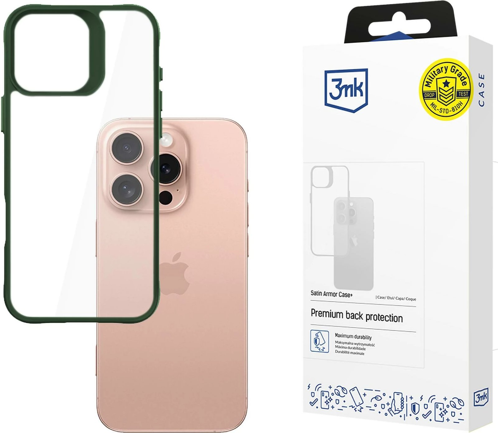 Mbështjellës 3mk Satin Armor Case+ për iPhone 16 Pro, Transparent me kornizë të gjelbër