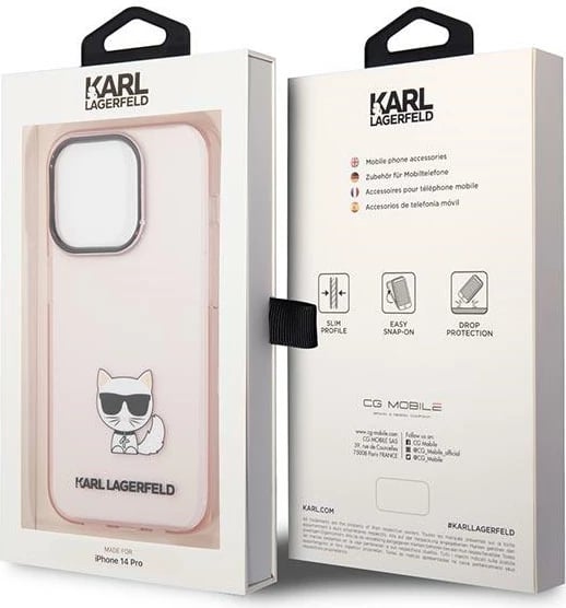 Mbështjellës Karl Lagerfeld Choupette Body për iPhone 14 Pro 6.1", transparent/rozë