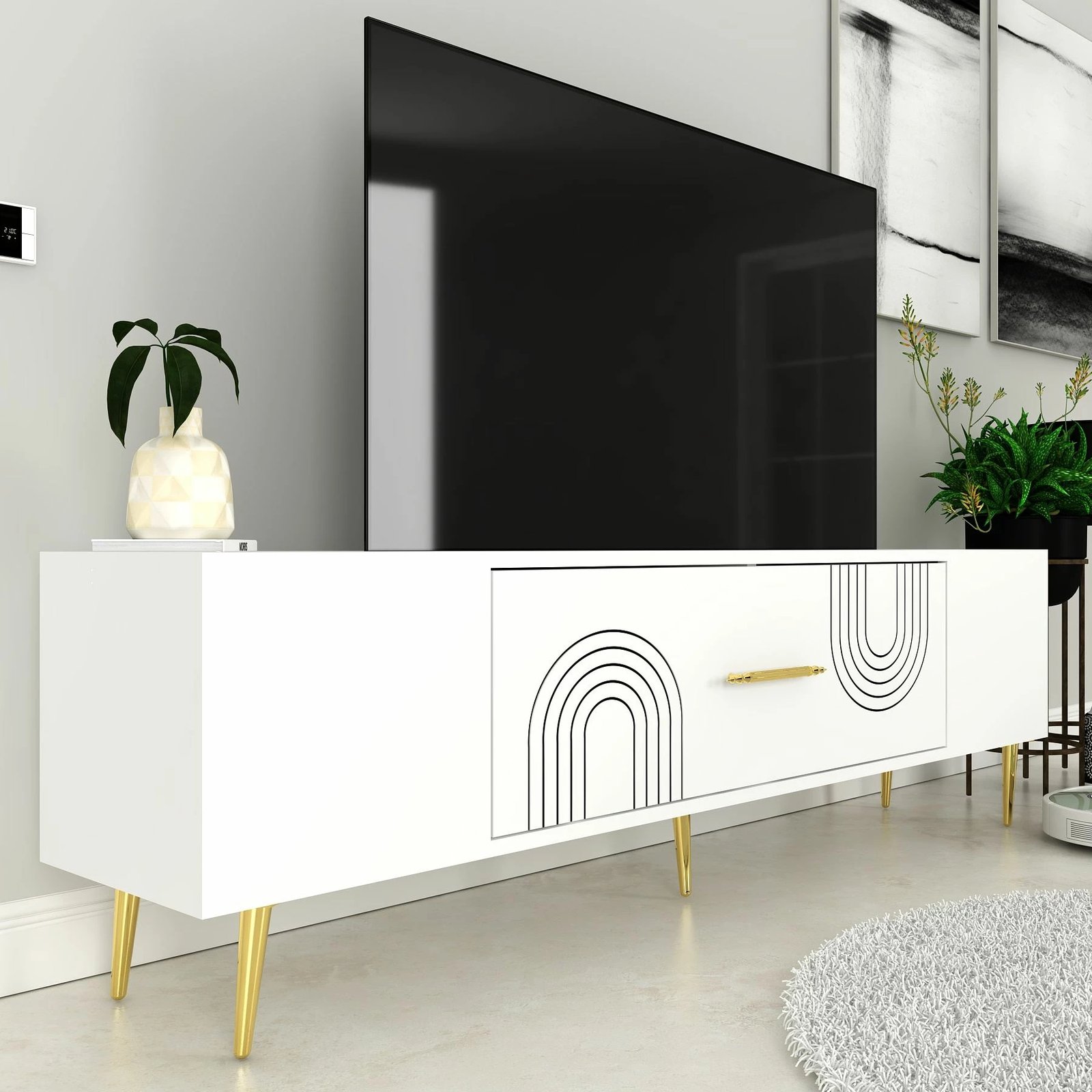 Komodë TV, ngjyrë e bardhë dhe ari, Skye Decor Dekol2