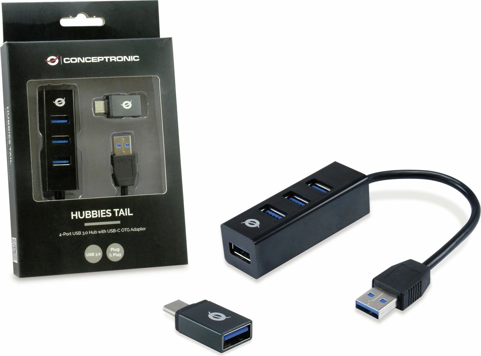 Hub USB 4-portësh Conceptronic, USB-A 3.0/C në 4x USB-A 3.0, i zi