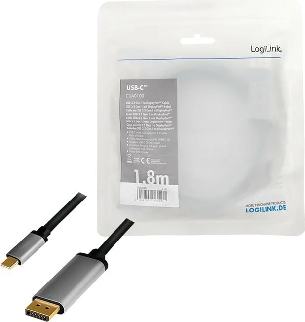 Kabllo USB-C në DisplayPort LogiLink CUA0100, 1.8m, 4K 60Hz, Zezë/Gri