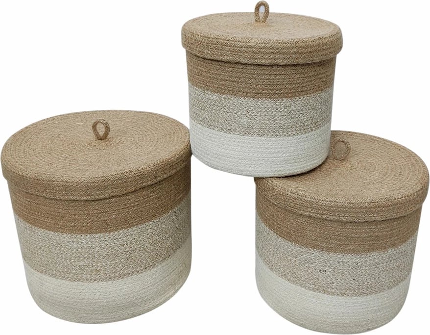 Set kuti ruajtëse prej jute, natyrale, bezhë, e bardhë, 3 copë, 27x27x17cm