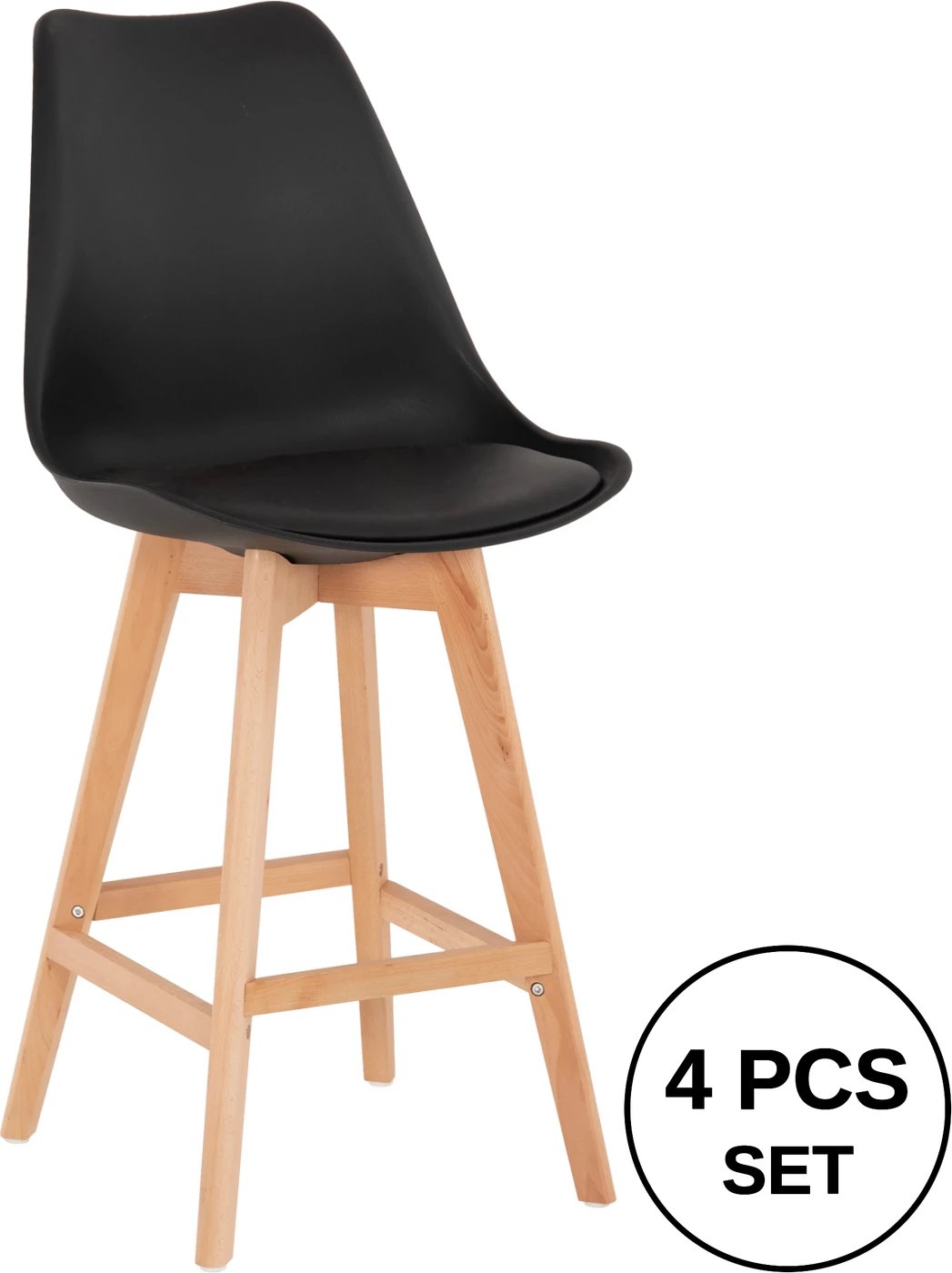 Karrige për bar VEGAS FH8000.22, lartësi mesatare, polipropilenë e zezë, dru ahu natyral, 47x58x103H cm, set prej 4 copash