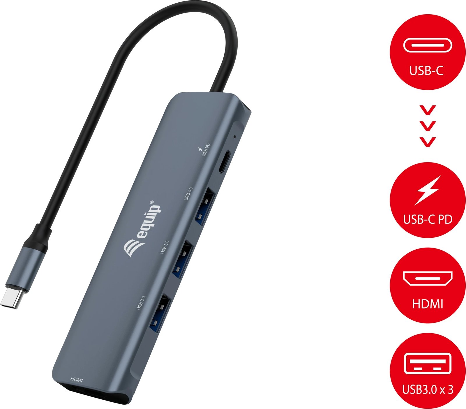 Adapter multifunksional USB-C 5-në-1 Equip, HDMI, USB 3.2 Gen1, 100W PD, alumini, zi/gri