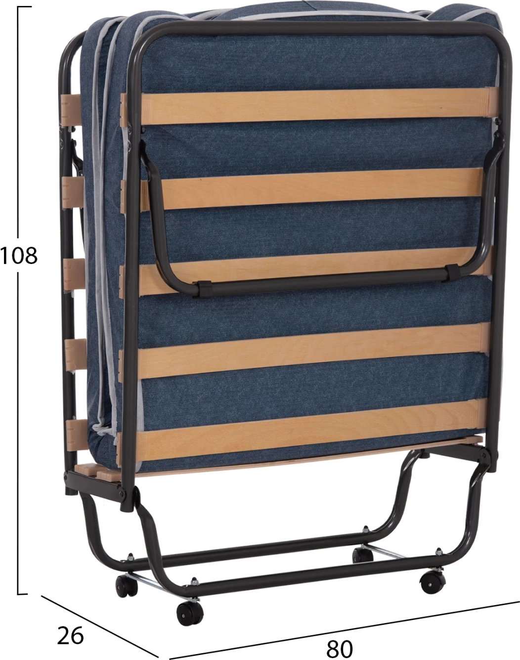 Krevat palosës metalik me rrota, dyshek 6.5cm, pamje xhinse blu, 80x183x37.5cm