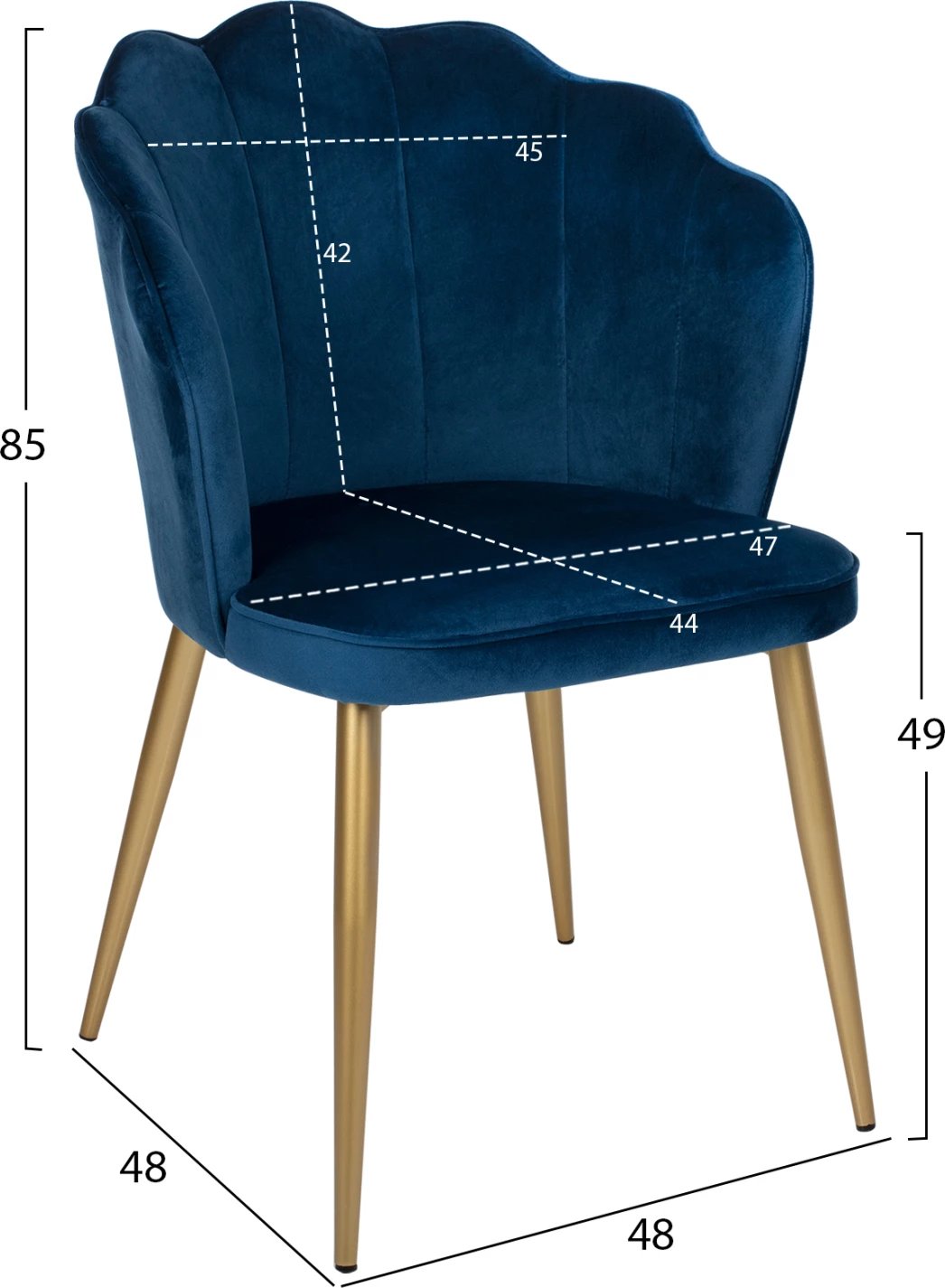 Karrige AVIE FH8737.08 metalike me kadife blu dhe këmbë të arta 48x48x85H cm., set prej 2 copash
