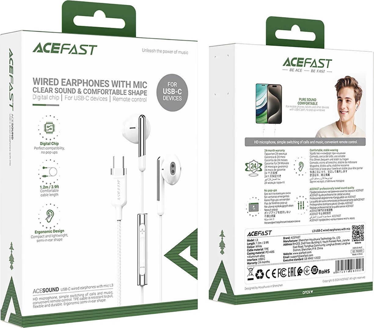 Kufje Acefast L3 me mikrofon, USB-C, të bardha