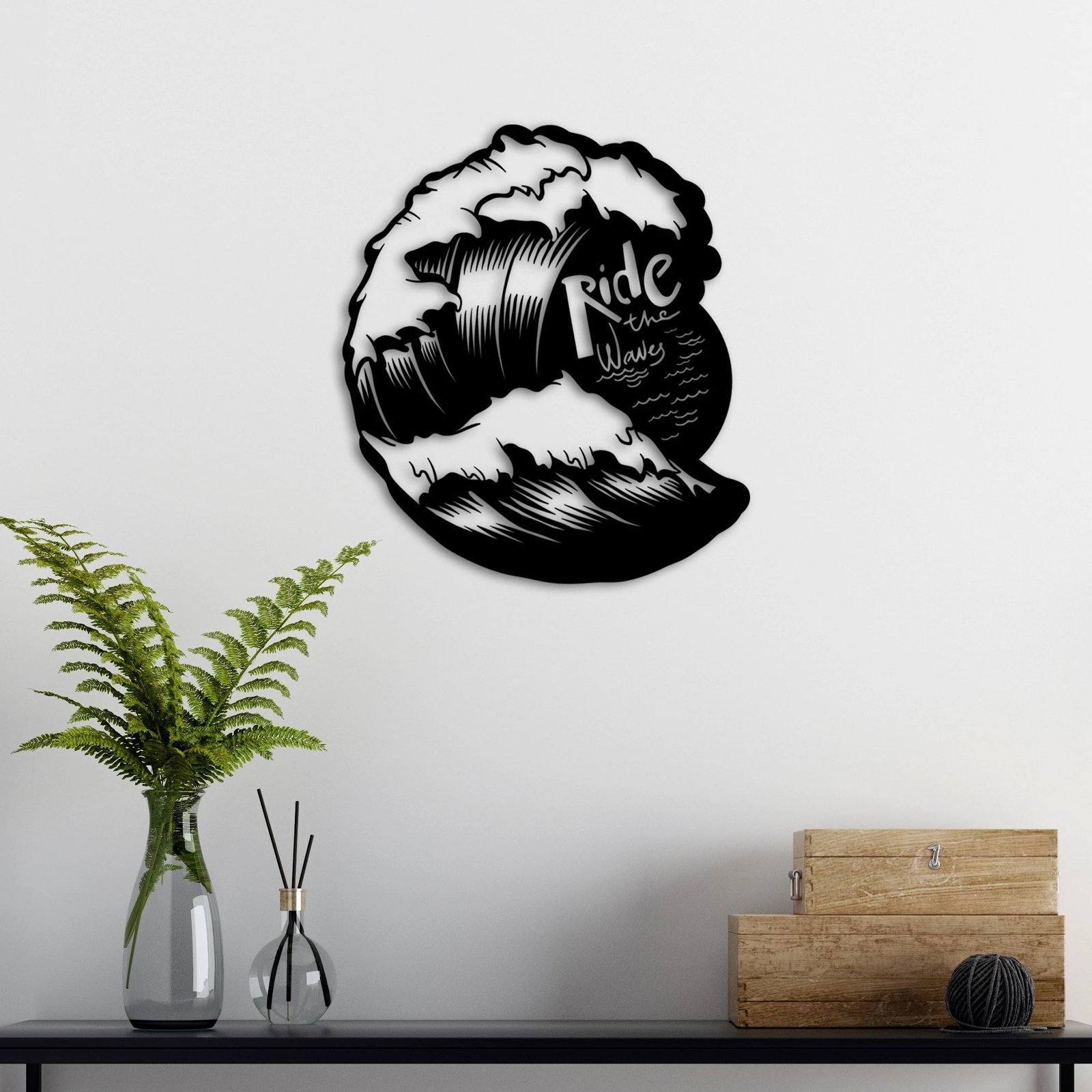 Aksesor dekorativ metalik për mur, Ride The Waves, ngjyrë e zezë, 50x57cm