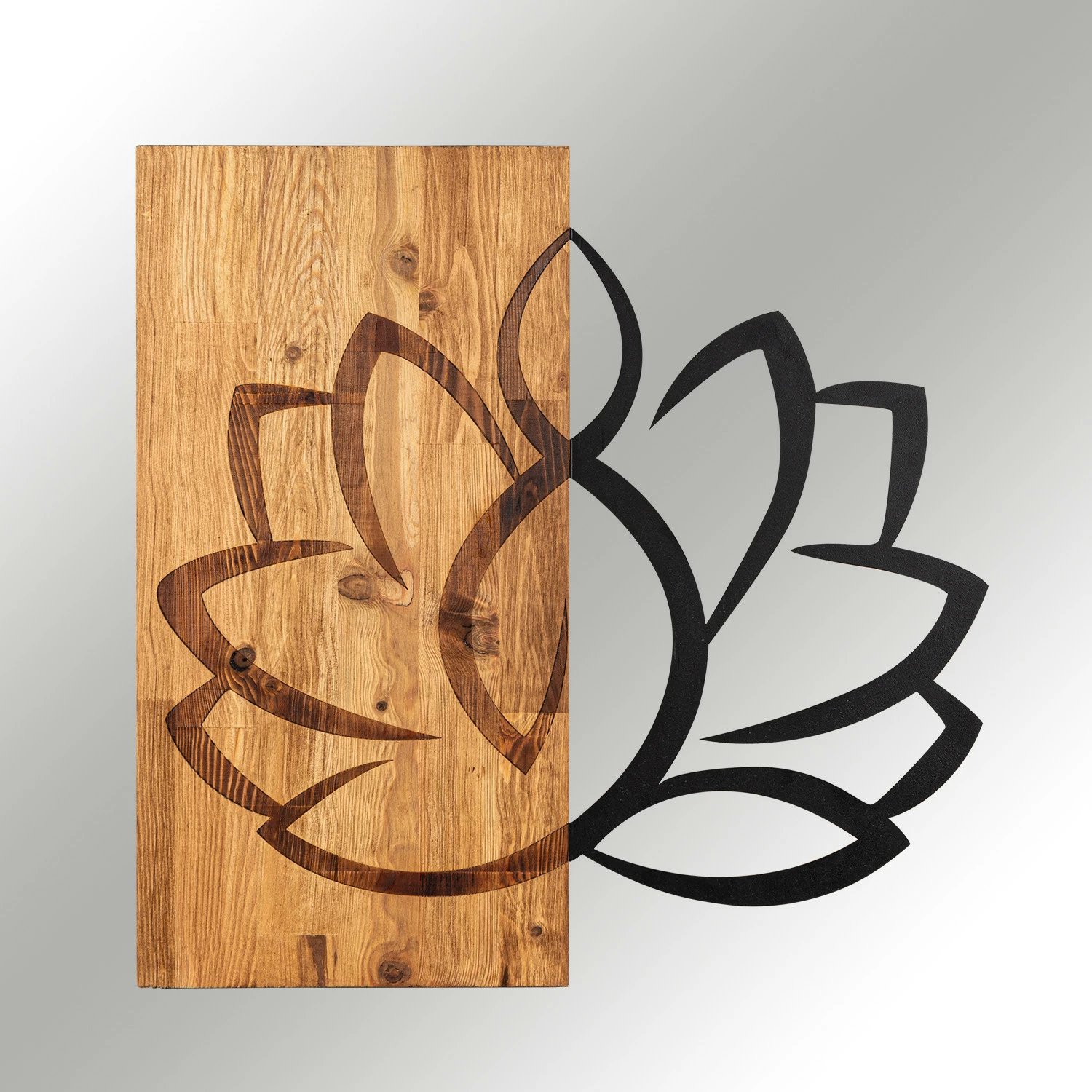 Aksesor dekorativ për mur, dru dhe metal, lotus, Wallity, ngjyrë e zezë dhe arre, 58x58cm