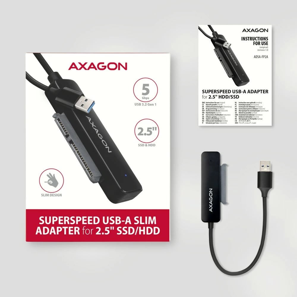 Adapter AXAGON ADSA-FP2A, USB-A 5Gbps, për HDD/SSD 2.5", i zi